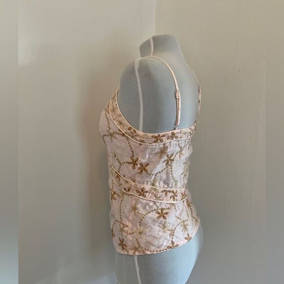 120% Lino Italy Floral 100% Linen Pink Tank Top embroidered 42 6 metallic corset - Picture 4 of 15